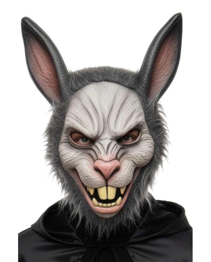 Kaninchemaske aus Kunststoff mit Fell, mit Pappschild/Etikett